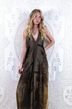 Athena Maxi Dress - Vintage Sari - Ash Earth Tone Forest Floral - XS - M/L 6 Athena Maxi Dress - Vintage Sari - Ash Earth Tone Forest Floral - XS - M/L -KIKIS Clothing Shop floaty strappy halter neck recycled vintage indian sari strappy maxi sundress dress boho hippie chic party all about audrey 225