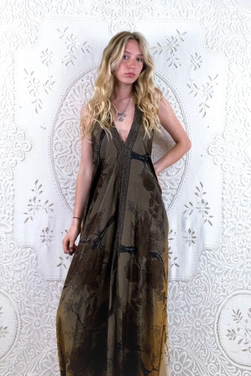 Athena Maxi Dress - Vintage Sari - Ash Earth Tone Forest Floral - XS - M/L 3 Athena Maxi Dress - Vintage Sari - Ash Earth Tone Forest Floral - XS - M/L - Image 3