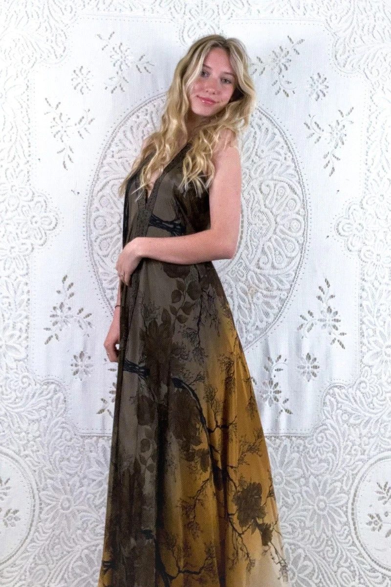 Athena Maxi Dress - Vintage Sari - Ash Earth Tone Forest Floral - XS - M/L 1 Athena Maxi Dress - Vintage Sari - Ash Earth Tone Forest Floral - XS - M/L