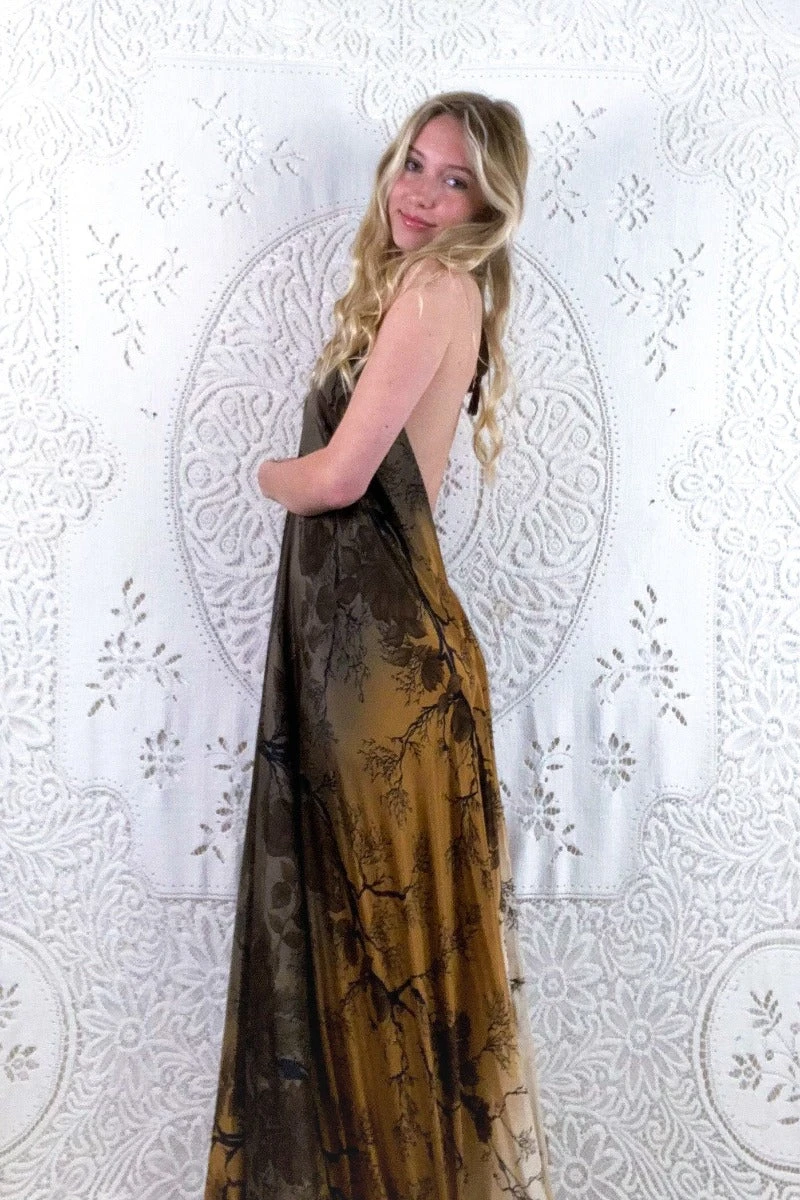 Athena Maxi Dress - Vintage Sari - Ash Earth Tone Forest Floral - XS - M/L 2 Athena Maxi Dress - Vintage Sari - Ash Earth Tone Forest Floral - XS - M/L - Image 2