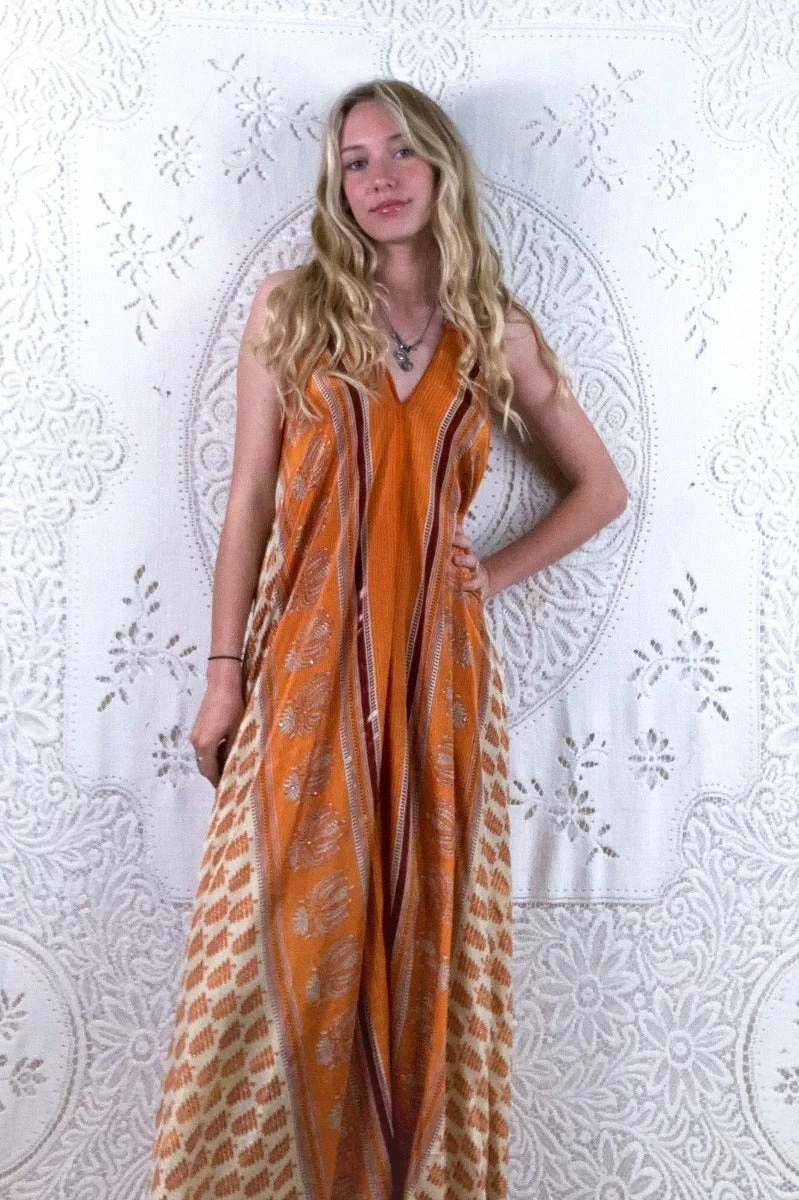 Athena Maxi Dress - Vintage Sari - Embellished Sunny Orange Motif - XS - S/M 2 Athena Maxi Dress - Vintage Sari - Embellished Sunny Orange Motif - XS - S/M - Image 2