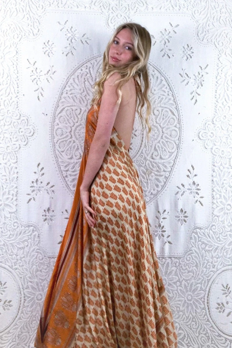 Athena Maxi Dress - Vintage Sari - Embellished Sunny Orange Motif - XS - S/M 1 Athena Maxi Dress - Vintage Sari - Embellished Sunny Orange Motif - XS - S/M