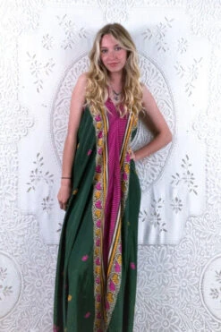 Athena Maxi Dress - Vintage Sari - Dark Pine Tree Print - XS - M/L