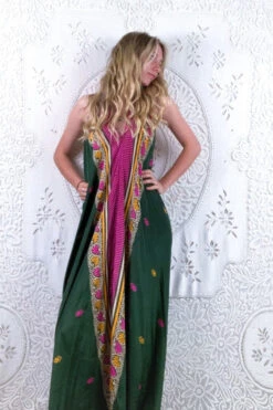 Athena Maxi Dress - Vintage Sari - Dark Pine Tree Print - XS - M/L 7 Athena Maxi Dress - Vintage Sari - Dark Pine Tree Print - XS - M/L -KIKIS Clothing Shop floaty strappy halter neck recycled vintage indian sari strappy maxi sundress dress boho hippie chic party all about audrey 232