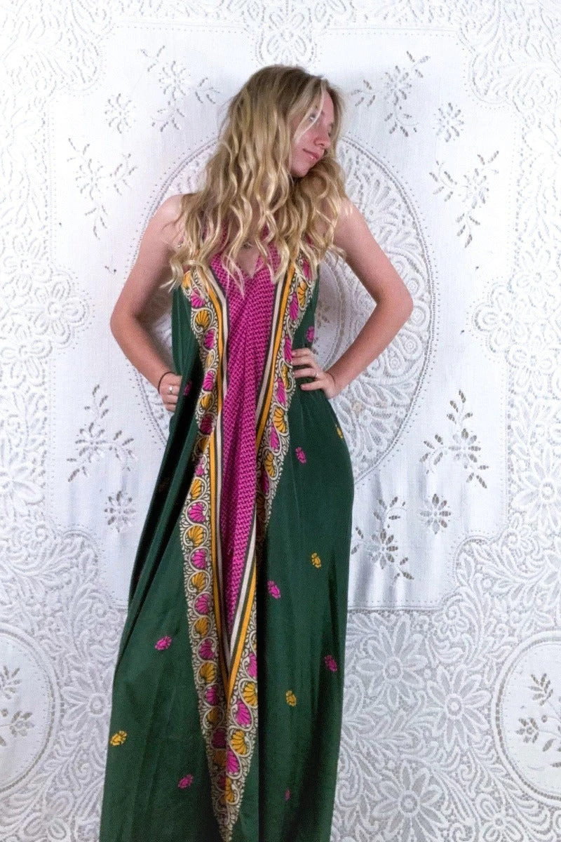 Athena Maxi Dress - Vintage Sari - Dark Pine Tree Print - XS - M/L 3 Athena Maxi Dress - Vintage Sari - Dark Pine Tree Print - XS - M/L - Image 3