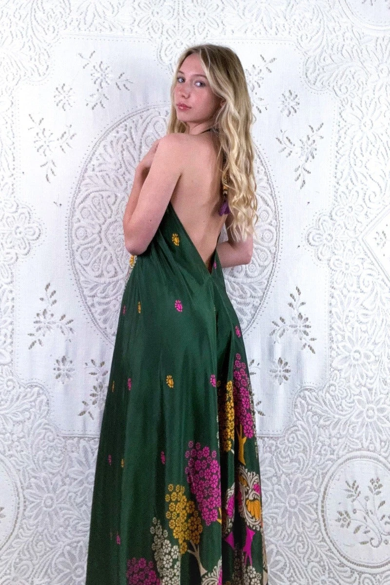 Athena Maxi Dress - Vintage Sari - Dark Pine Tree Print - XS - M/L 2 Athena Maxi Dress - Vintage Sari - Dark Pine Tree Print - XS - M/L - Image 2