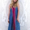 Athena Maxi Dress - Vintage Sari - Cornflower Blue & Cerise Tile Print - XS - S/M