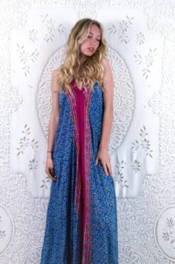 Athena Maxi Dress - Vintage Sari - Cornflower Blue & Cerise Tile Print - XS - S/M