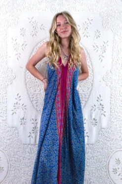 Athena Maxi Dress - Vintage Sari - Cornflower Blue & Cerise Tile Print - XS - S/M -KIKIS Clothing Shop floaty strappy halter neck recycled vintage indian sari strappy maxi sundress dress boho hippie chic party all about audrey 235