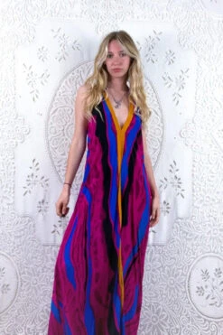 Athena Maxi Dress - Vintage Sari - Magenta Pink & Bright Stripe - XS - M/L