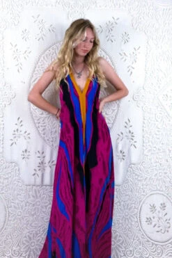 Athena Maxi Dress - Vintage Sari - Magenta Pink & Bright Stripe - XS - M/L -KIKIS Clothing Shop floaty strappy halter neck recycled vintage indian sari strappy maxi sundress dress boho hippie chic party all about audrey 238