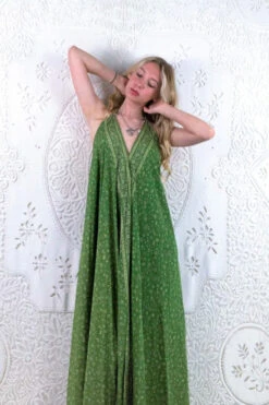 Athena Maxi Dress - Vintage Sari - Spring Green Floral - S - L/XL