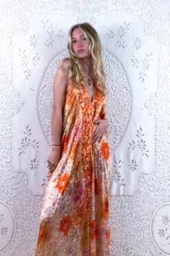 Athena Maxi Dress - Vintage Sari - Copper Sunset Floral - XS - L/XL 6 Athena Maxi Dress - Vintage Sari - Copper Sunset Floral - XS - L/XL -KIKIS Clothing Shop floaty strappy halter neck recycled vintage indian sari strappy maxi sundress dress boho hippie chic party all about audrey 246