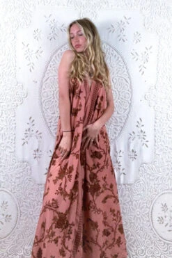 Athena Maxi Dress - Vintage Sari - Dusty Rose Bird & Jacquard Print - XS - M/L -KIKIS Clothing Shop floaty strappy halter neck recycled vintage indian sari strappy maxi sundress dress boho hippie chic party all about audrey 250