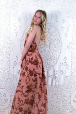 Athena Maxi Dress - Vintage Sari - Dusty Rose Bird & Jacquard Print - XS - M/L