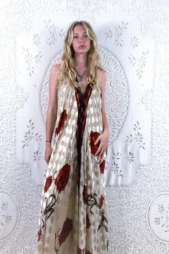 Athena Maxi Dress - Vintage Sari - Ivory, Umber & Rust Red Rose - S/M - XXL