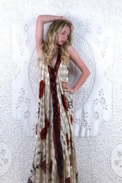 Athena Maxi Dress - Vintage Sari - Ivory, Umber & Rust Red Rose - S/M - XXL -KIKIS Clothing Shop floaty strappy halter neck recycled vintage indian sari strappy maxi sundress dress boho hippie chic party all about audrey 254