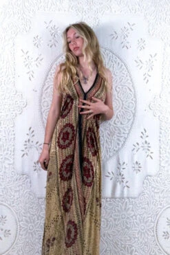 Athena Maxi Dress - Vintage Sari - Antique Gold & Ruby Flowers - S/M