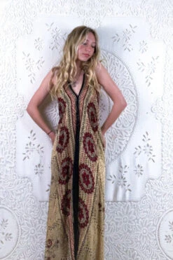 Athena Maxi Dress - Vintage Sari - Antique Gold & Ruby Flowers - S/M -KIKIS Clothing Shop floaty strappy halter neck recycled vintage indian sari strappy maxi sundress dress boho hippie chic party all about audrey 256