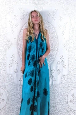 Athena Maxi Dress - Vintage Sari - Tonal Turquoise Floral - XS - L/XL 7 Athena Maxi Dress - Vintage Sari - Tonal Turquoise Floral - XS - L/XL -KIKIS Clothing Shop floaty strappy halter neck recycled vintage indian sari strappy maxi sundress dress boho hippie chic party all about audrey 258