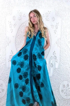 Athena Maxi Dress - Vintage Sari - Tonal Turquoise Floral - XS - L/XL