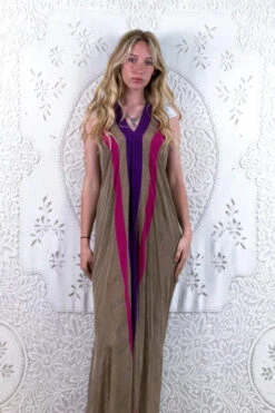 SALE - Athena Maxi Dress - Vintage Sari - Beige Lavender & Lilac Geometric - S