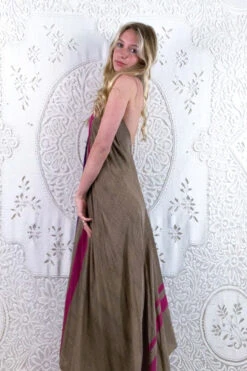 SALE - Athena Maxi Dress - Vintage Sari - Beige Lavender & Lilac Geometric - S -KIKIS Clothing Shop floaty strappy halter neck recycled vintage indian sari strappy maxi sundress dress boho hippie chic party all about audrey 263