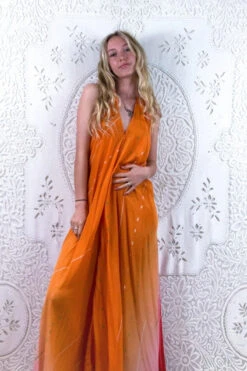 Athena Maxi Dress - Vintage Sari - Apricot & Strawberry Fade - XS - M/L