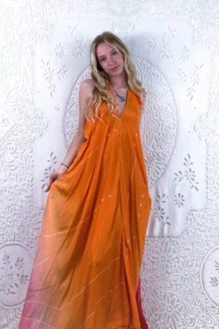 Athena Maxi Dress - Vintage Sari - Apricot & Strawberry Fade - XS - M/L -KIKIS Clothing Shop floaty strappy halter neck recycled vintage indian sari strappy maxi sundress dress boho hippie chic party all about audrey 269