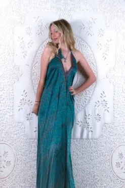 Athena Maxi Dress - Vintage Sari - Juniper & Red Clay Floral - XS - L/XL -KIKIS Clothing Shop floaty strappy halter neck recycled vintage indian sari strappy maxi sundress dress boho hippie chic party all about audrey 274