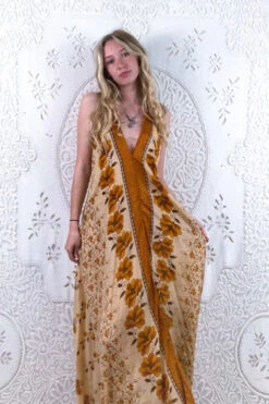 Athena Maxi Dress - Vintage Sari - Sparkly Cream & Honey Yellow Floral - XS - M/L