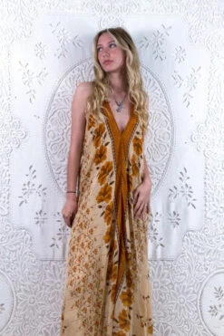 Athena Maxi Dress - Vintage Sari - Sparkly Cream & Honey Yellow Floral - XS - M/L -KIKIS Clothing Shop floaty strappy halter neck recycled vintage indian sari strappy maxi sundress dress boho hippie chic party all about audrey 281