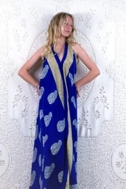 Athena Maxi Dress - Vintage Sari - Indigo Blue Bold Paisley Motif - XS - M/L 5 Athena Maxi Dress - Vintage Sari - Indigo Blue Bold Paisley Motif - XS - M/L -KIKIS Clothing Shop floaty strappy halter neck recycled vintage indian sari strappy maxi sundress dress boho hippie chic party all about audrey 285