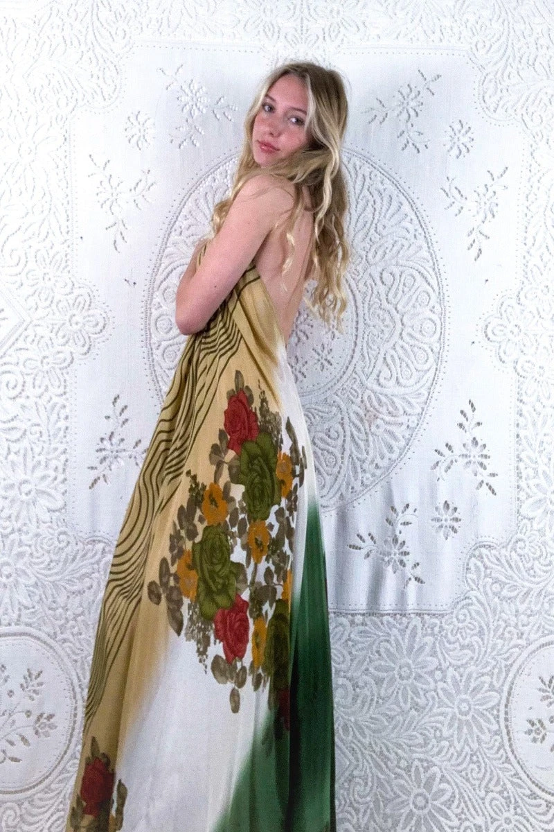 SALE - Athena Maxi Dress - Vintage Sari - Tan, Sage & Rose Floral - XS - M/L 2 SALE - Athena Maxi Dress - Vintage Sari - Tan, Sage & Rose Floral - XS - M/L - Image 2