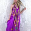 Athena Maxi Dress - Vintage Sari - Magenta & Bright Floral Fans - S - L/XL
