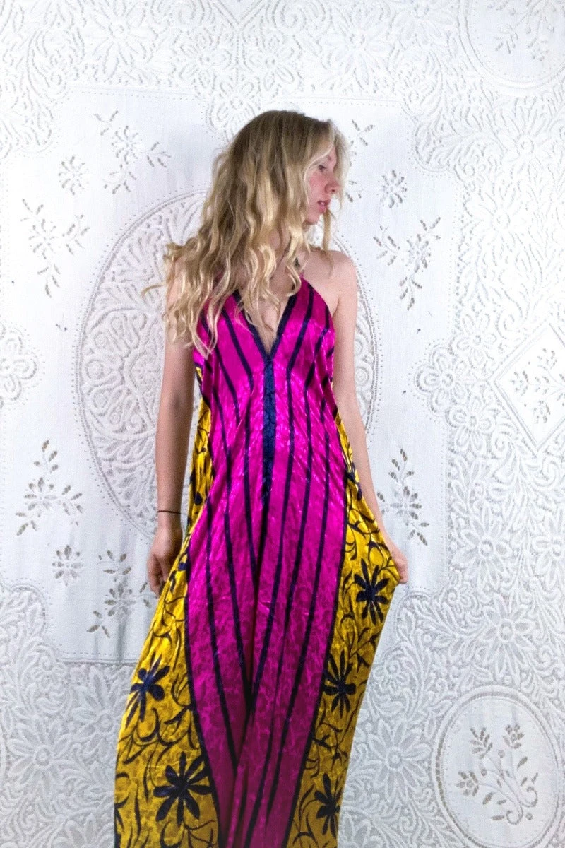 Athena Maxi Dress - Vintage Sari - Vibrant Floral Jacquard - S/M - L/XL 2 Athena Maxi Dress - Vintage Sari - Vibrant Floral Jacquard - S/M - L/XL - Image 2