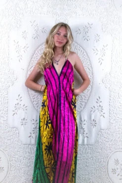 Athena Maxi Dress - Vintage Sari - Vibrant Floral Jacquard - S/M - L/XL