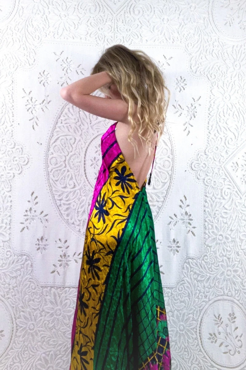 Athena Maxi Dress - Vintage Sari - Vibrant Floral Jacquard - S/M - L/XL 3 Athena Maxi Dress - Vintage Sari - Vibrant Floral Jacquard - S/M - L/XL - Image 3