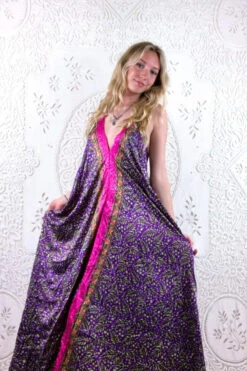 Athena Maxi Dress - Vintage Sari - Purple Amethyst Botanical - S/M - L/XL