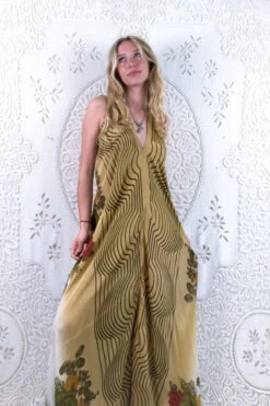 SALE - Athena Maxi Dress - Vintage Sari - Tan, Sage & Rose Floral - XS - M/L