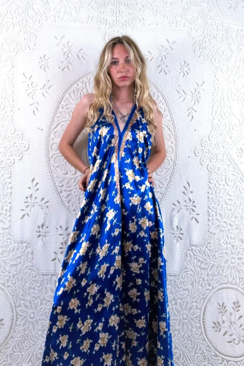 Athena Maxi Dress - Vintage Sari - Crystal Blue Floral - S - M/L 2 Athena Maxi Dress - Vintage Sari - Crystal Blue Floral - S - M/L - Image 2