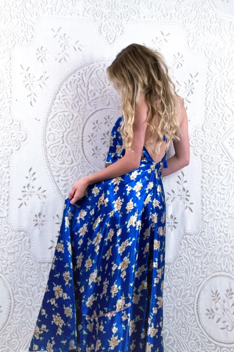 Athena Maxi Dress - Vintage Sari - Crystal Blue Floral - S - M/L 3 Athena Maxi Dress - Vintage Sari - Crystal Blue Floral - S - M/L - Image 3