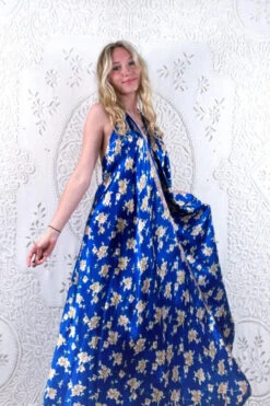 Athena Maxi Dress - Vintage Sari - Crystal Blue Floral - S - M/L