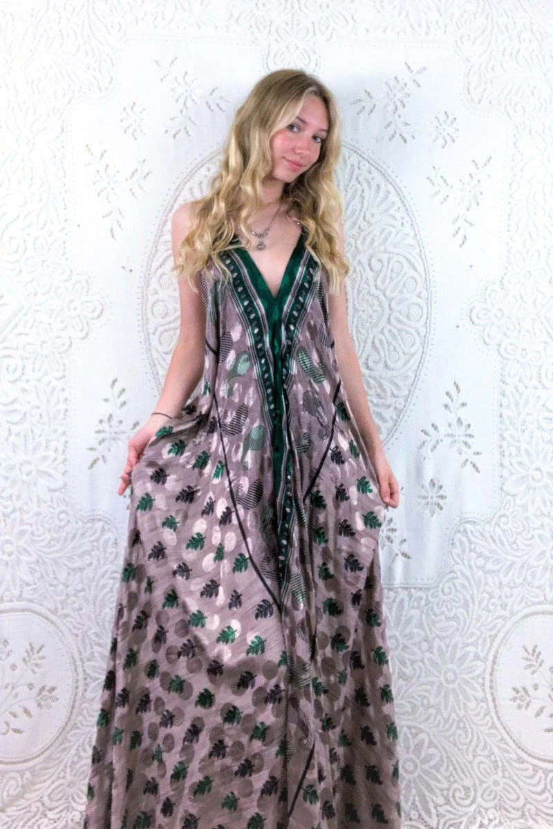 Athena Maxi Dress - Vintage Sari - Mink & Emerald Green Paisley - XS - M/L 2 Athena Maxi Dress - Vintage Sari - Mink & Emerald Green Paisley - XS - M/L - Image 2