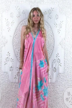 Athena Maxi Dress - Vintage Sari - Pink Lemonade & Mint Floral - S - M/L 5 Athena Maxi Dress - Vintage Sari - Pink Lemonade & Mint Floral - S - M/L -KIKIS Clothing Shop floaty strappy halter neck recycled vintage indian sari strappy maxi sundress dress boho hippie chic party all about audrey 60