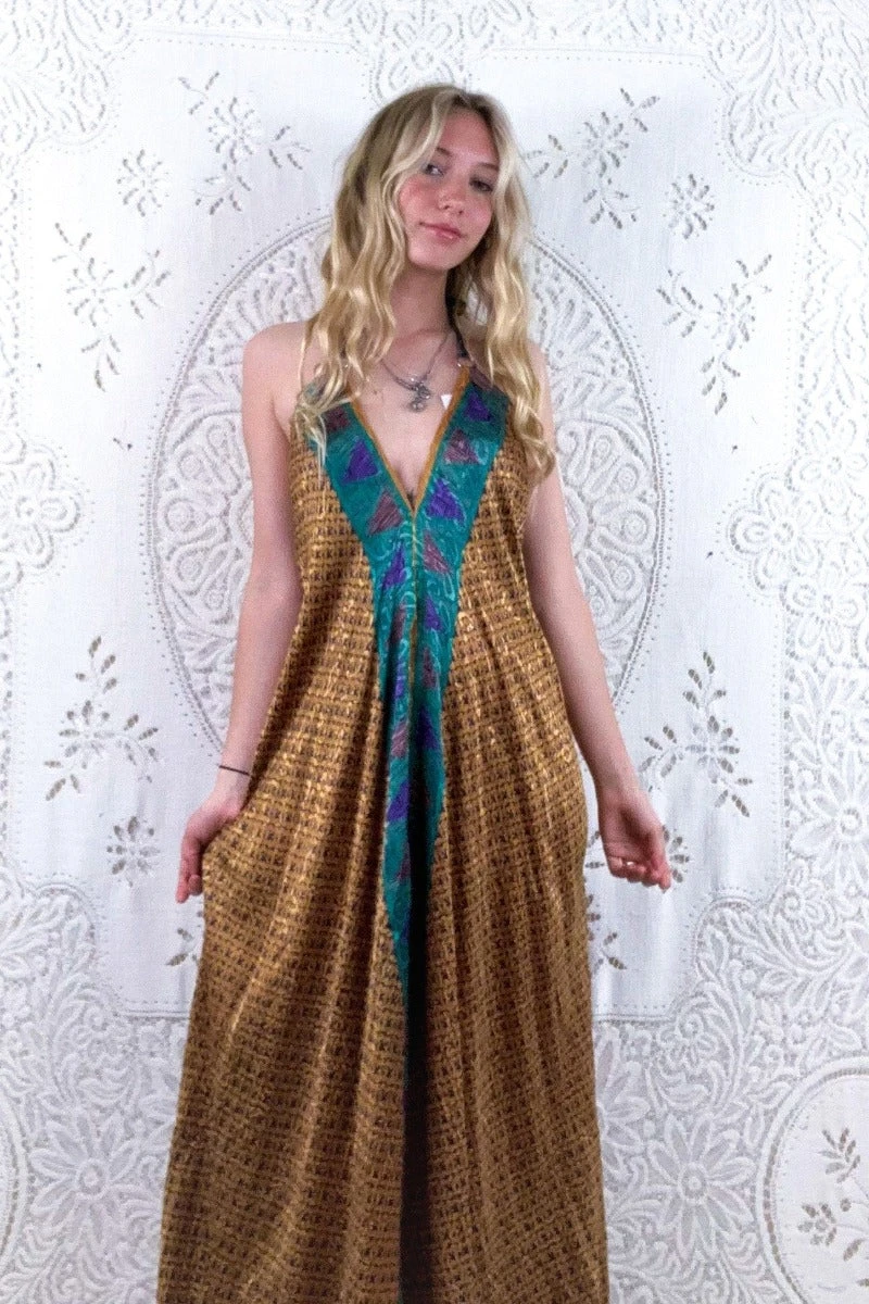 Athena Maxi Dress - Vintage Sari - Topaz Yellow & Grey - S - M/L 1 Athena Maxi Dress - Vintage Sari - Topaz Yellow & Grey - S - M/L