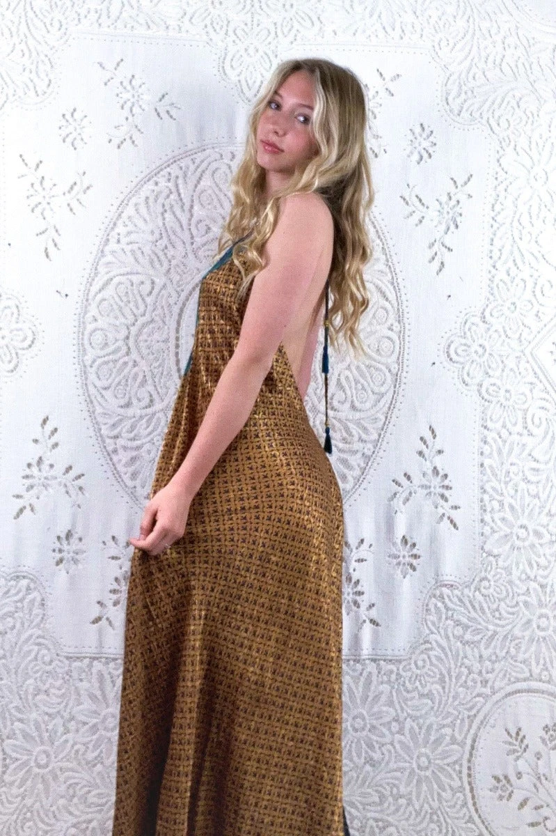 Athena Maxi Dress - Vintage Sari - Topaz Yellow & Grey - S - M/L 2 Athena Maxi Dress - Vintage Sari - Topaz Yellow & Grey - S - M/L - Image 2