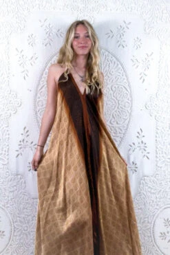 Athena Maxi Dress - Vintage Sari - Soft Gold & Bronze Tiles - S - M/L