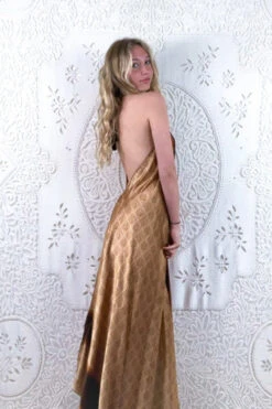 Athena Maxi Dress - Vintage Sari - Soft Gold & Bronze Tiles - S - M/L -KIKIS Clothing Shop floaty strappy halter neck recycled vintage indian sari strappy maxi sundress dress boho hippie chic party all about audrey 83