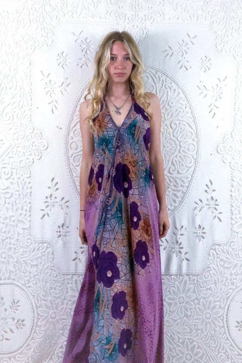 Athena Maxi Dress - Vintage Sari - Stained Glass Purple Florals - XS - S/M 3 Athena Maxi Dress - Vintage Sari - Stained Glass Purple Florals - XS - S/M - Image 3